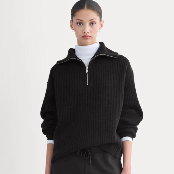Everlane The Half-Zip Sweater in Luxe Merino in Black, Size Large - Picture 1 of 9